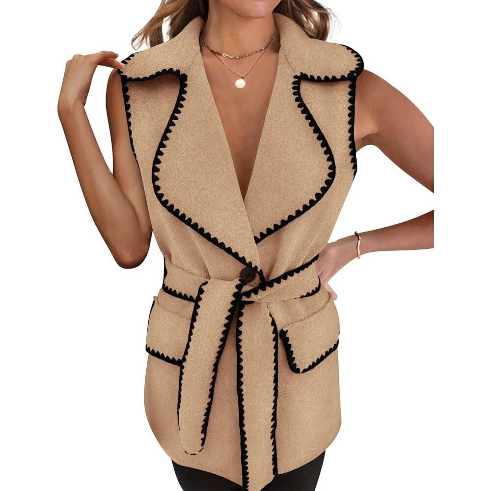 Women's Tweed Vest Outerwear Large Sleeveless Button Belt Fall Winter - Picture 1 of 9
